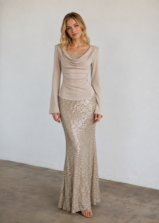 Women's Champagne Gold Sequin Two-Piece Evening Gown Set