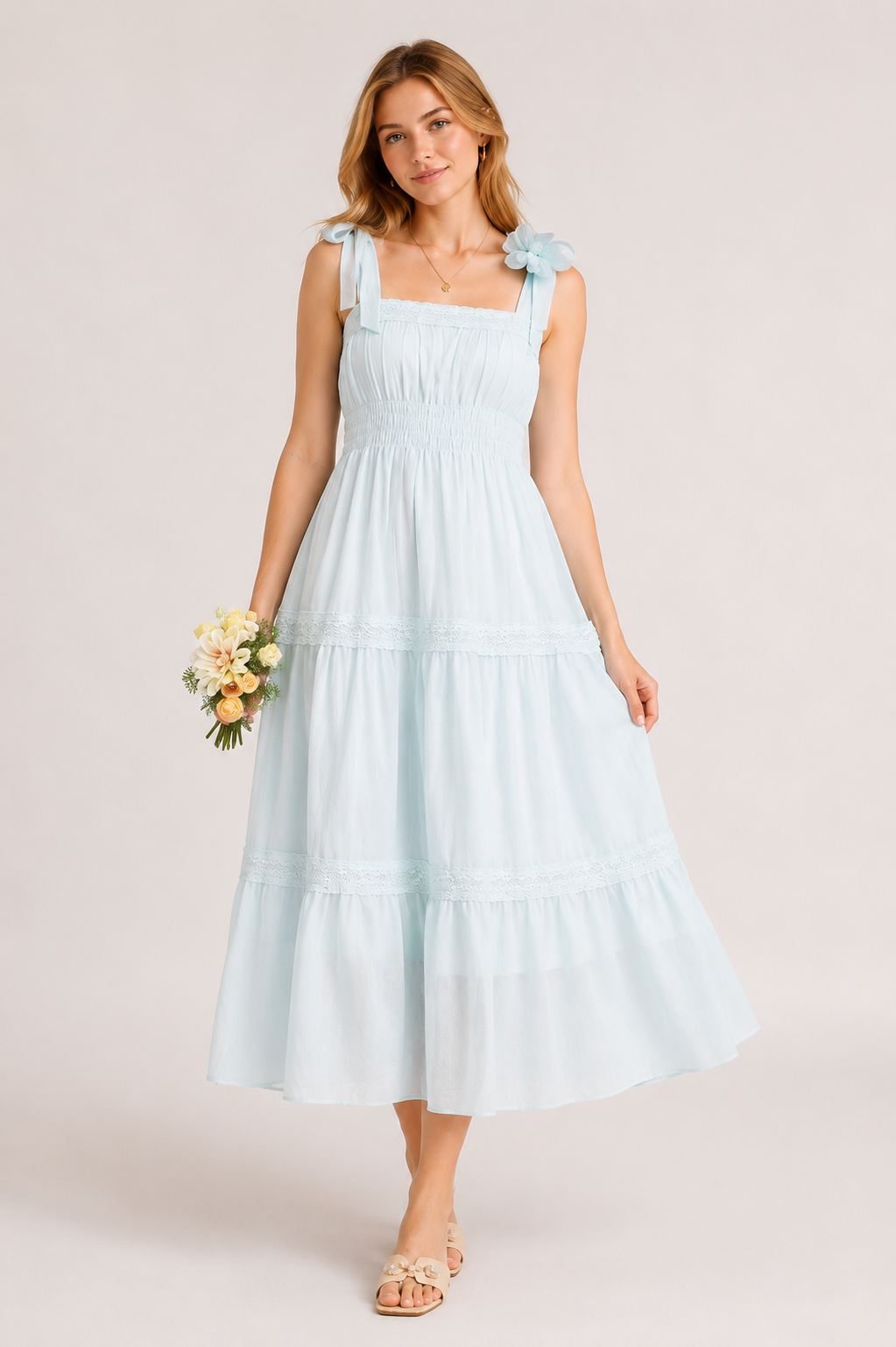 Light Blue Petite Strap Dress For Women Summer Style