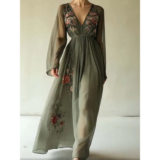 Printed long sleeved long collar dress long skirt
