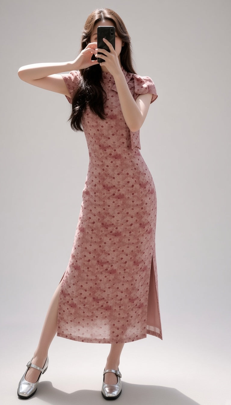 Elegant Polka-dot Bow Cheongsam Dress For Women