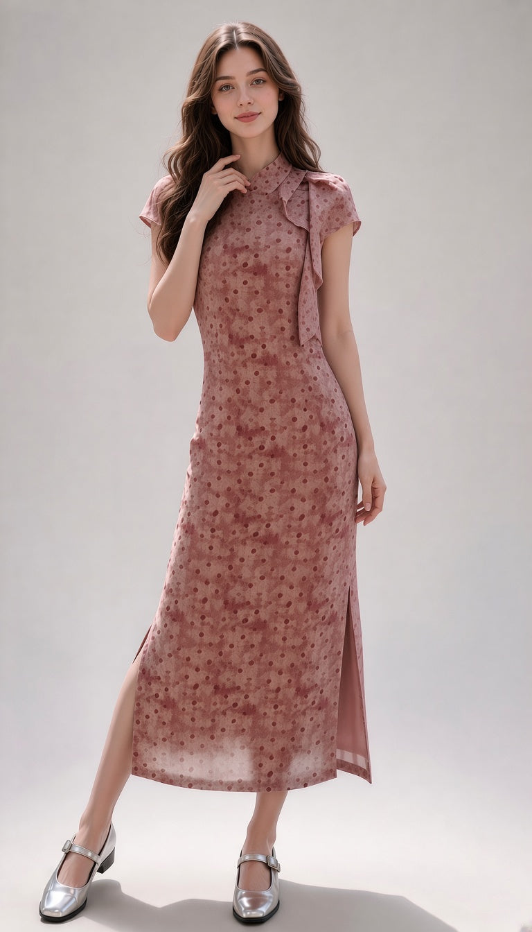 Elegant Polka-dot Bow Cheongsam Dress For Women