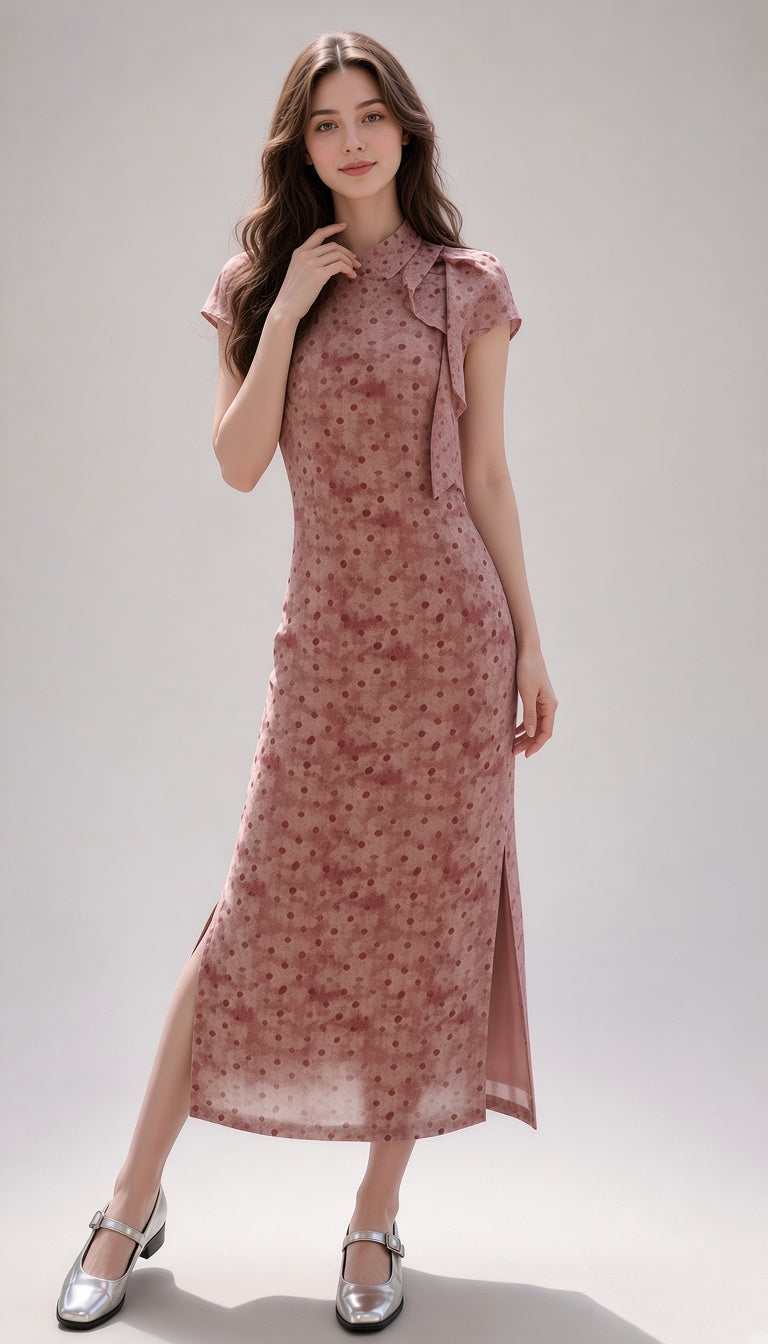 Elegant Polka-dot Bow Cheongsam Dress For Women